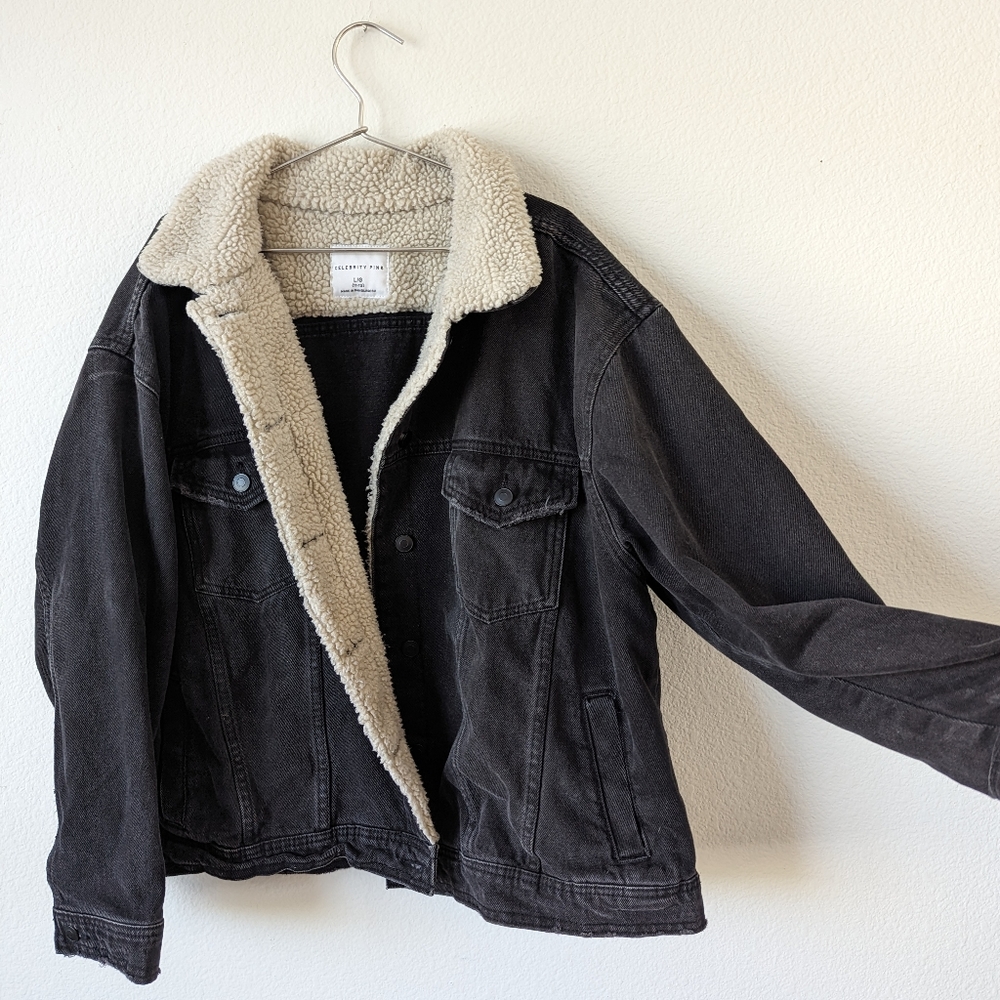 Celebrity Pink Black Denim Sherpa-Lined Jean Jacket with Cream Lining